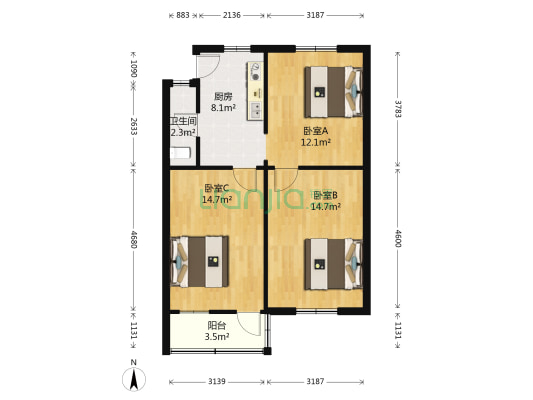 红旗新村 3室0厅1卫 68平方