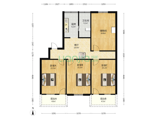 燃料宿舍 3室1厅1卫 106平方