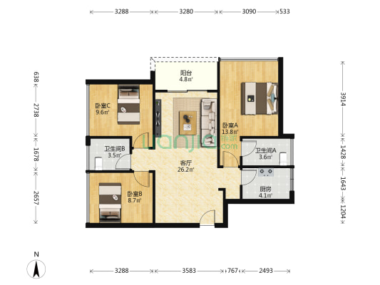盛合天宸家园 3室1厅2卫 83平方
