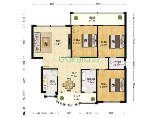 艺苑小区 3室2厅2卫 136平方