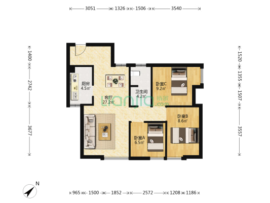 山楂树 3室1厅1卫 96平方