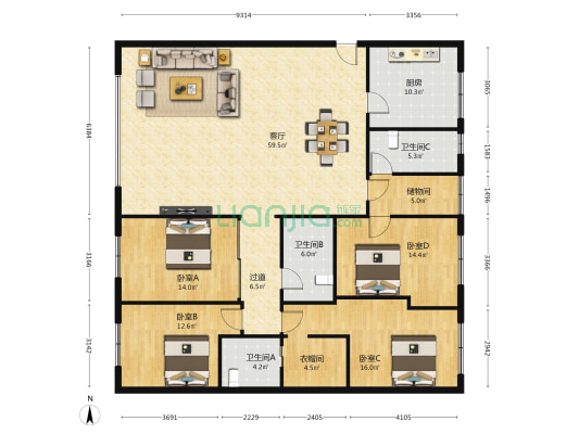 怡康城市公寓 4室1厅3卫 195平方