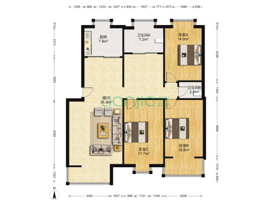 黎明园东区 3室1厅2卫 144平方