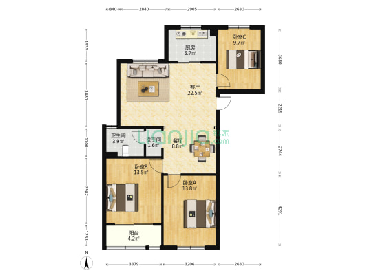 洋江名苑 3室2厅2卫 113平方