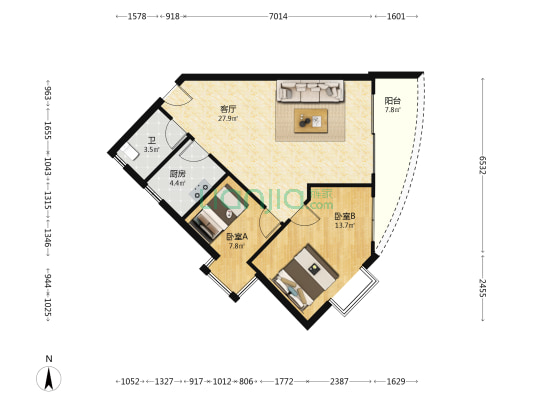 富邦大厦 2室1厅1卫 83平方