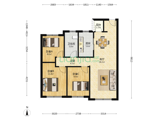 中海万锦公馆 3室1厅1卫 98平方