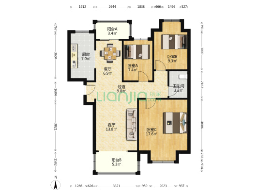 晓轩 3室2厅1卫 94平方