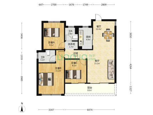 樾芯城 3室2厅3卫 107平方