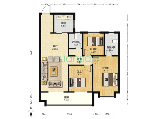 旭辉江山 3室1厅2卫 119平方