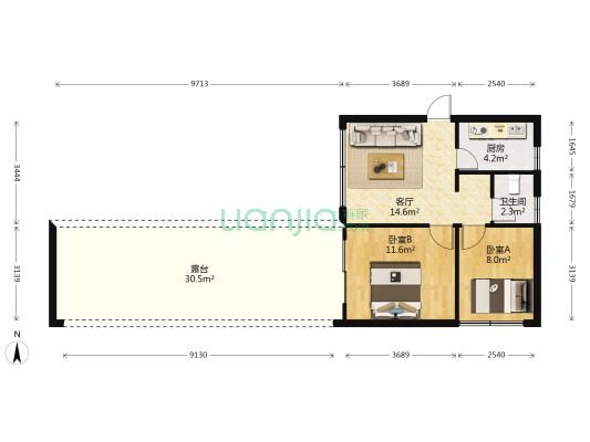 文明花园 2室1厅1卫 53平方