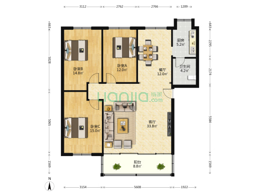 中维公寓 3室2厅1卫 126平方
