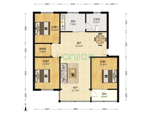兴隆小区 3室2厅1卫 121平方