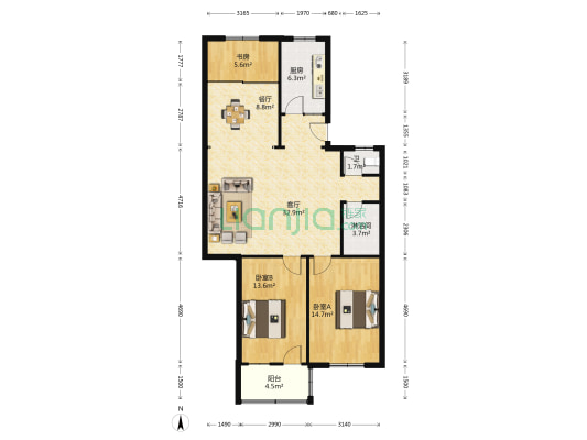 世福花园 3室2厅2卫 108平方