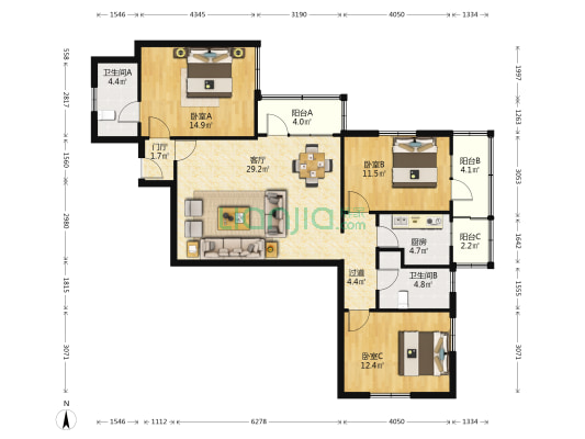 荔湾大厦 3室1厅2卫 129平方