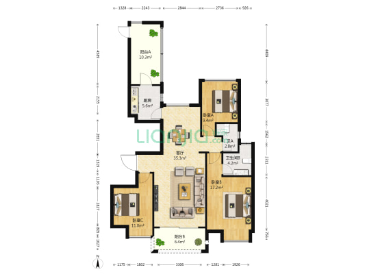 艾湖家园(艾湖路) 3室1厅2卫 121平方