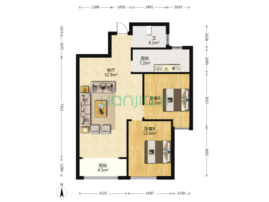 华安城御美园 2室1厅1卫 98平方