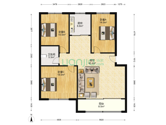 景光花园 3室1厅1卫 123平方