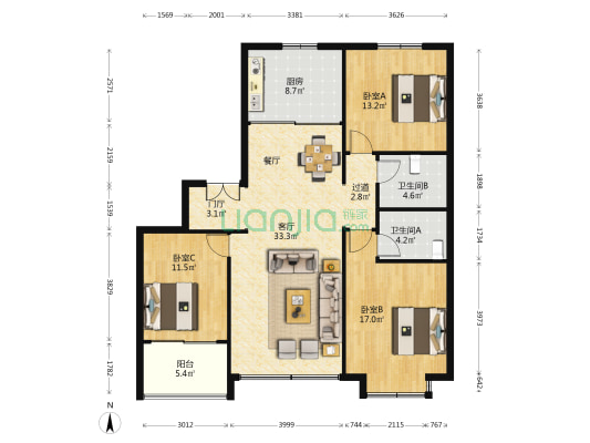 银丰玖玺城珑府 3室1厅2卫 155平方