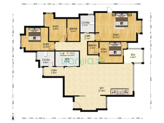 东方华庭 4室1厅2卫 180平方