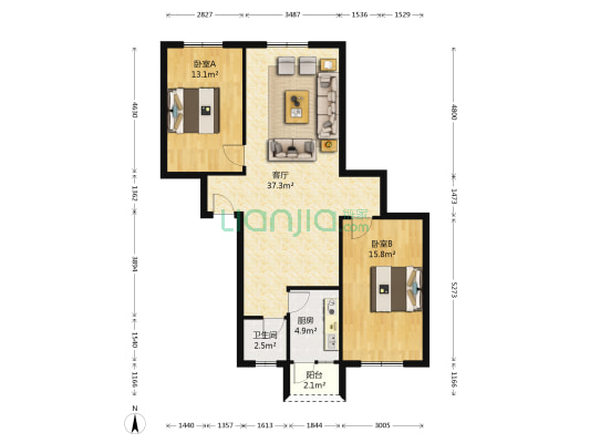 桃李花园 2室1厅1卫 89平方