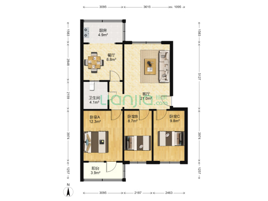 林苑商业楼 3室2厅1卫 96平方