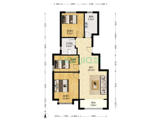 亿嘉园 3室1厅1卫 90平方