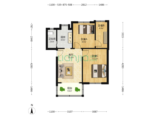 第二十六中学老师宿舍 3室1厅1卫 62平方