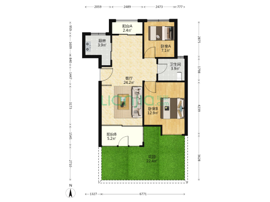 庄园华府 2室1厅1卫 75平方