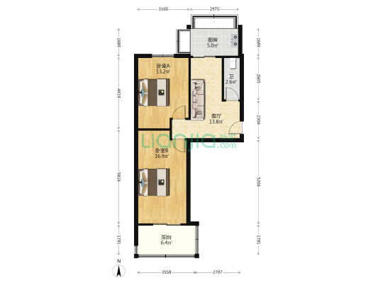 银行宿舍 2室1厅1卫 65平方