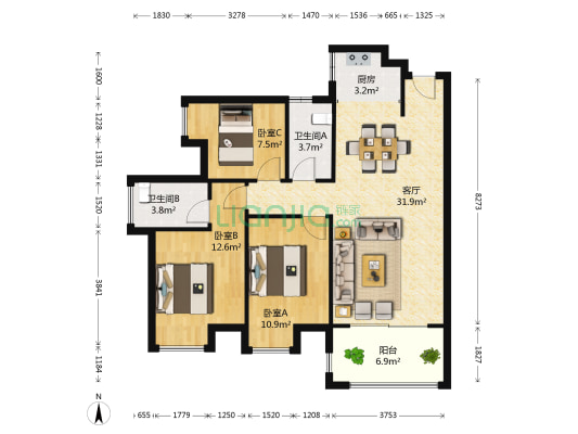 彰泰橘子郡 3室1厅2卫 103平方