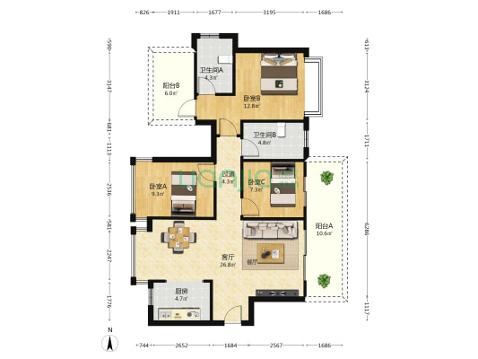 唐樾青山翰府 3室1厅2卫 98平方