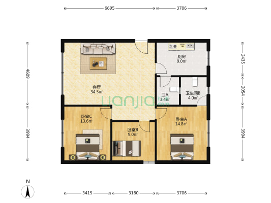 佳新花园 3室1厅2卫 100平方