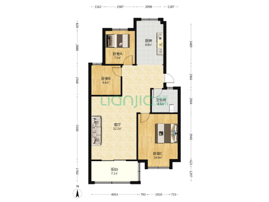 东方名筑 3室1厅1卫 98平方
