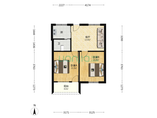 洪桥花园 2室1厅1卫 64平方
