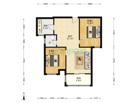 圣联科瑞北郡 2室1厅1卫 86平方
