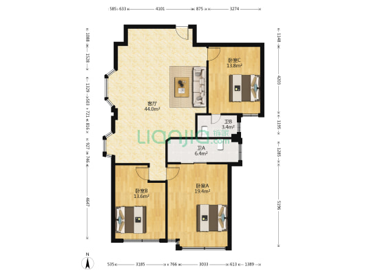 华盛大厦 3室1厅2卫 140平方