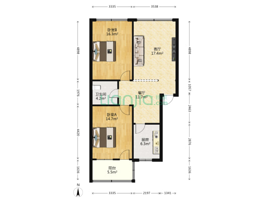 中国建设银行宿舍 2室2厅1卫 89平方