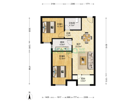 永定河.孔雀城.剑桥郡郡湾西区 2室1厅1卫 69平方