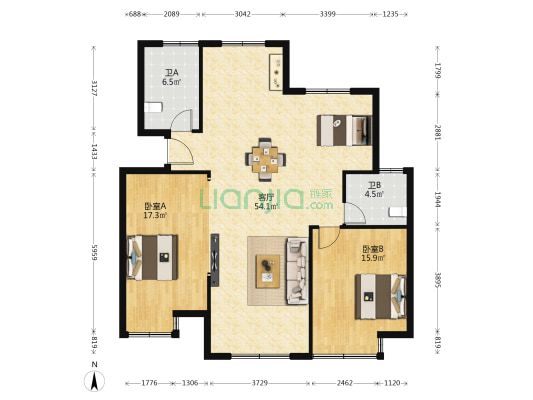 马桥小区 2室1厅2卫 133平方