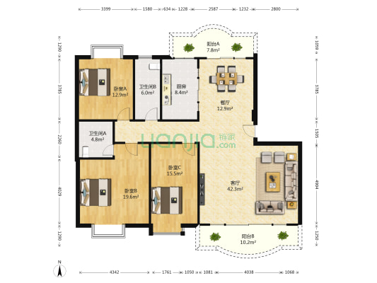 海日中心 3室2厅2卫 158平方