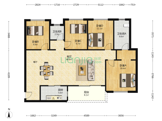 保利时代云玺 4室1厅2卫 143平方
