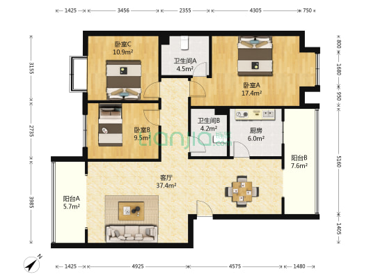 顺德东苑 3室1厅2卫 114平方