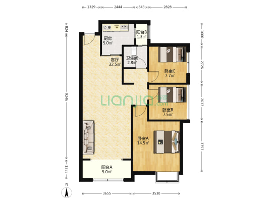 湖湘奥林匹克花园 3室1厅1卫 96平方