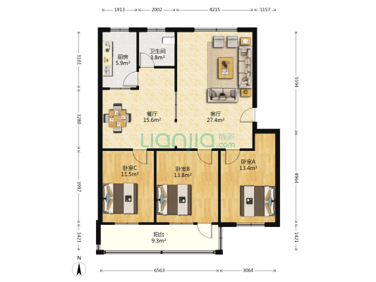 金元东区 3室2厅1卫 113平方