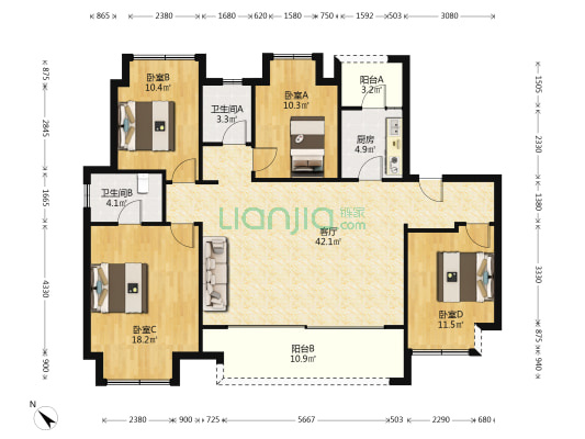 中交中央公园睿颂 4室1厅2卫 134平方