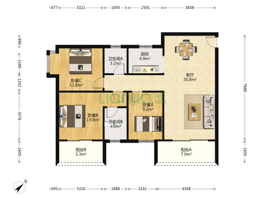 国贸益华城 3室1厅2卫 112平方