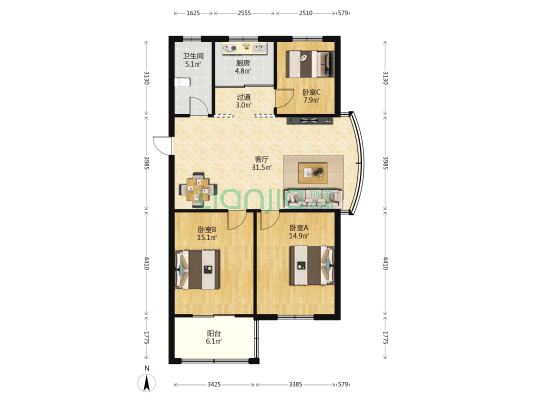 丰登苑 3室1厅1卫 106平方