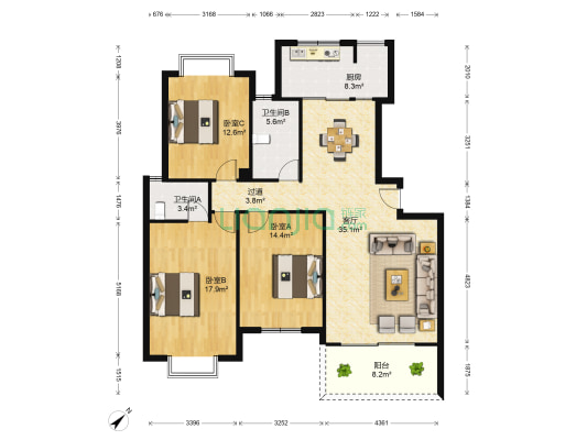 文博府A区 3室1厅2卫 127平方
