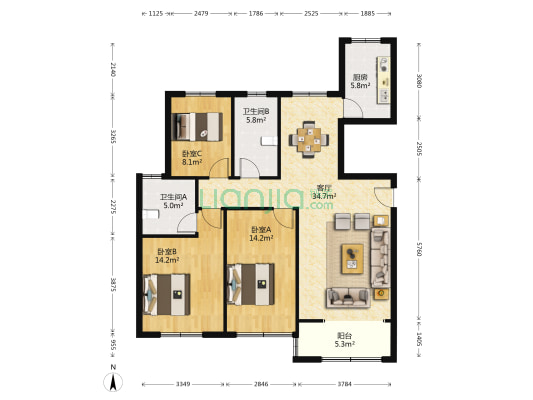 福新苑 3室1厅2卫 128平方