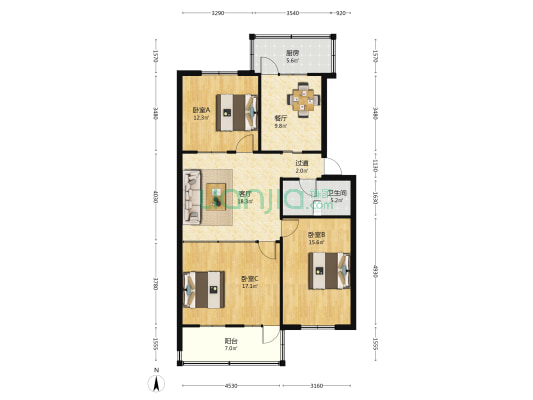 农林路110号院 3室2厅1卫 105平方